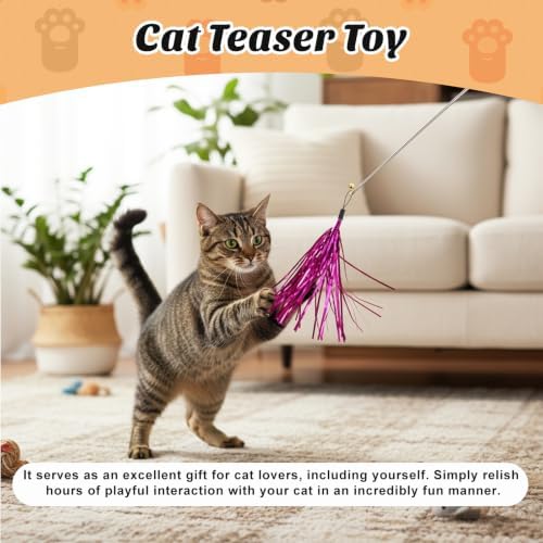12 Pcs Cat Wand Toy Replacement with Bell Metallic Foil Tassel