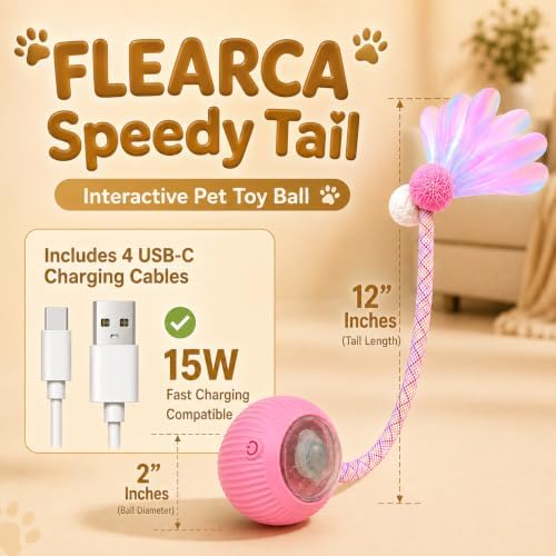 Pack-4 Interactive Cat Toys, Motion-Activated Rolling Ball with Speedy Tail,Smart Automatic Cat Chase, 360° Rotating, USB-C Rechargeable, Self-Play Toy for Indoor Cats, Kittens & Puppies.