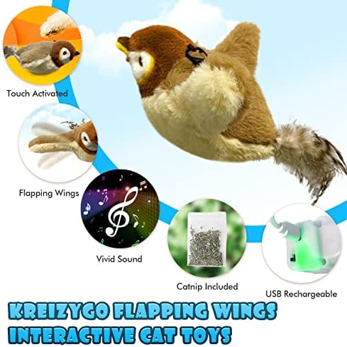 Cat Toys, Flapping Wings Sparrow, No Flying, Chirping Bird Interactive Catnip Toy for Kitten or Small Dogs, Touch Activated, Rechargeable