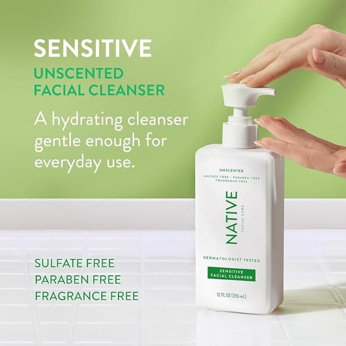 Native Sensitive Face Wash, Spa Day Every Day Facial Cleanser (2 Pack) | Daily Face Cleaner with Aloe and Vitamin B3, Unscented, 12 fl oz