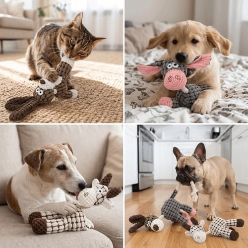 Pet Squeaky Chew Toy Interactive Durable Plush Dog Toy for Small Medium Large Breeds, Teeth Cleaning & Boredom Relief(Beige & Brown Goat)
