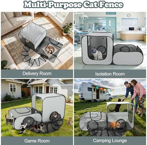 Cat Playpen, 3-in-1 Pop-up Outdoor Cat Enclosure, Gray