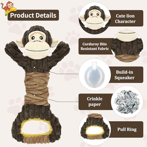 Dog Squeaky Toy Gorilla Shaped Dog Toy for Aggressive Chewers Tug of War Dog Toy Pet Interactive Toy Dog Plush Toy with Crinkle Paper for Small Medium Large Dogs Gorilla, Brown