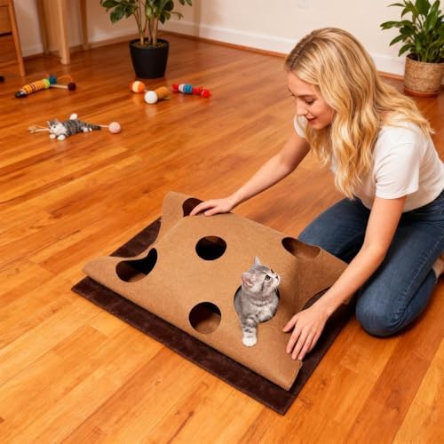 Interactive Cat Tunnel Mat for Indoor Cat Cave Fun Activity Mat Foldable Kitten Play Mats and Play Pet Enrichment Toy for Small Pets