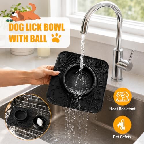 Slow Feeder Dog Bowl with Rolling Ball, 2 in 1 Dog Lick Bowl with Mat