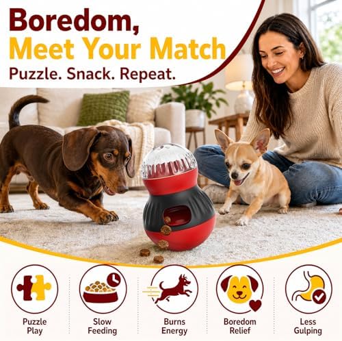 HCY&WLD Dog Interactive Puzzle Toys Adjustable Treat Dispensing Ball (Red) | Sturdy Material, Self-Righting Wobble Base, Indoor Enrichment, Slow Feeder, Smarter Play, Mental Stimulation, Boredom Buster