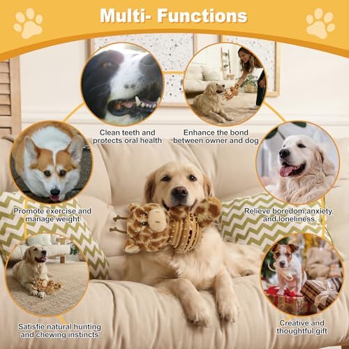 8.46 Inch Giraffe Squeaky Dog Toy with Rubber Treat Dispenser, Plush Chew Toy for Puppy Teething, Interactive Puzzle Toy for Small Medium Large Dogs