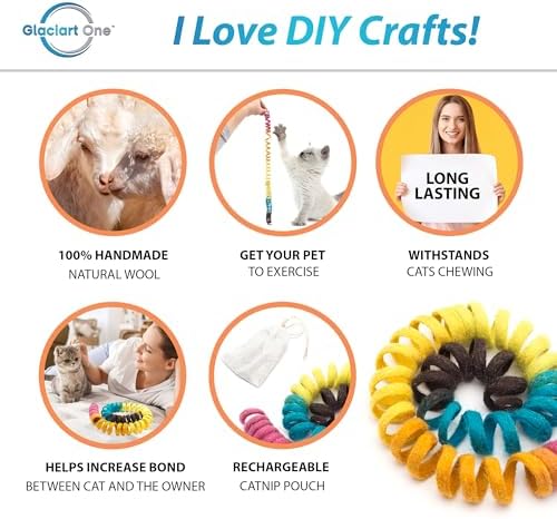 Glaciart One XL Felt Spring Cat Toy – Soft Fuzzy Enrichment 100% Natural Wool - Interactive Stretchable Play Cat Toy Set - Safe for Pets, Non-AZO Colored Dyes - 40” Long
