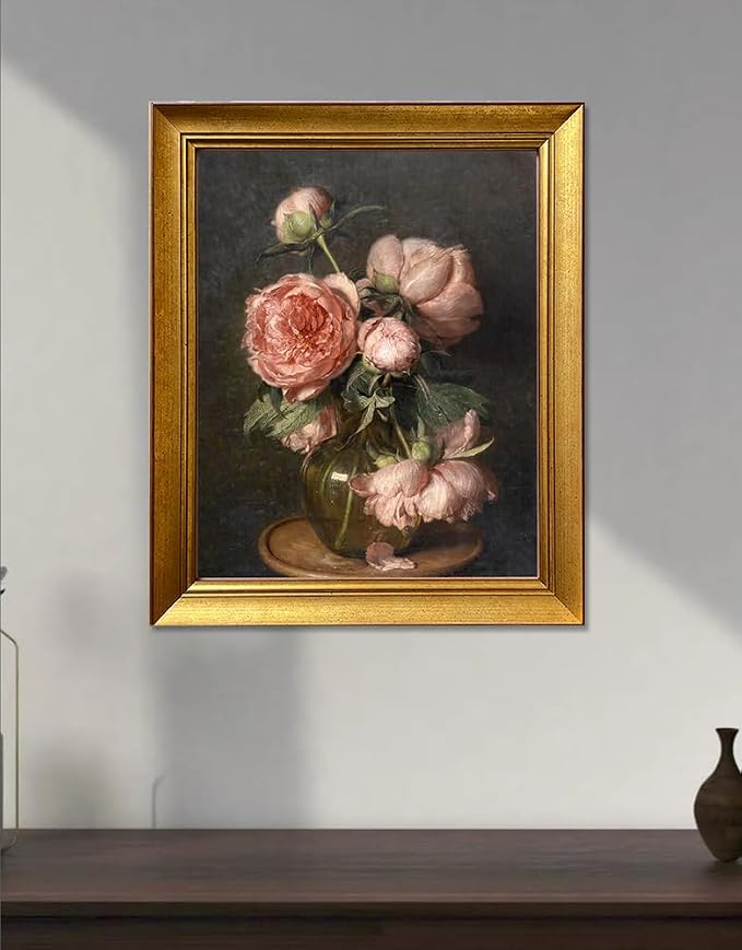 Gold Framed Pink Peonies Flower Oil Painting on Canvas Vintage Dark Floral Wall Art Farmhouse Picture Wall Decor Moody Canvas Print for Living Room Bedroom Bathroom Decor