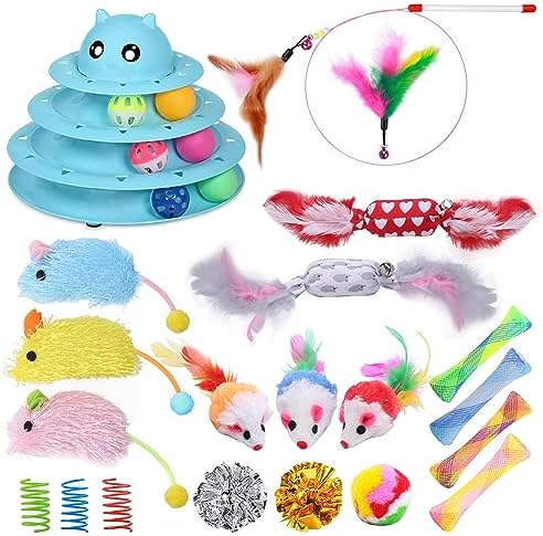 UPSKY 24 PCS Cat Toys Set with Teaser, Mice, Spring, and Various Ball Toys | Puzzle Kitten Toys, Sturdy Structure, Detachable Design, Easy to Assemble, Anti-Slip, Reduces Boredom for Indoor Cats