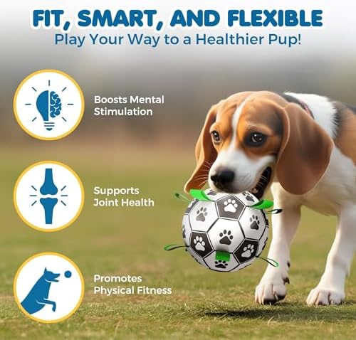 SunGrow Dog Soccer Ball, Interactive Tug-of-War Toy with Straps, Outdoor & Indoor Training, Mental Game and Physical Exercise for High-Energy Dogs, Small and Medium Breeds, 6”, 9.6 oz