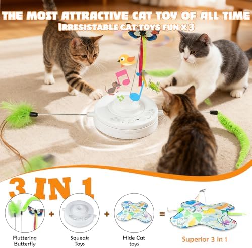 Interactive Cat Toys Rechargeable for 4 in 1 Hide and Seek Game, Moving Concealed Wand Feathers, Real Mouse Squeaky, Durable Exercise Toys for Indoor Cats for Bored Adult Cats Wand Toy