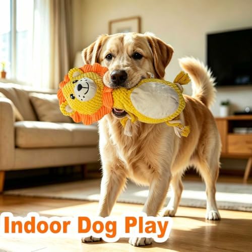 Yellow Lion Plush Chew Dog Toy, 13.8 in, Squeaker and Rope