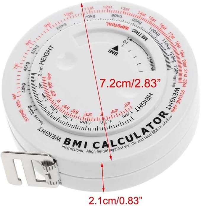 Body Mass Index Tape Measure, Retractable BMI Calculator for Diet and Fitness, 150cm Locking Measurement Tool for Waist, Hip, Thigh, Calf, Easy Read Scale, Plastic Case for Gym Use