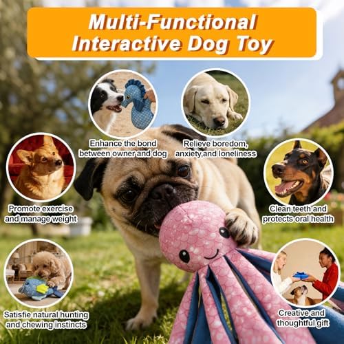10.24" Recycled Canvas Octopus Squeaky Dog Toy, Durable Stuffed Chew Toy for Puppy Teething, Interactive Play for Small Medium Large Dogs, Pink Blue