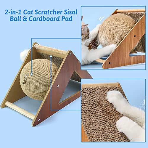 Fhiny Cat Scratcher Toy with Sisal Ball, 2-in-1 Rope Ball with Bell & Cardboard Cats Scratching Interactive Solid Wood Durable Scratch for Indoor Kitties Wear-Resistant Furniture Supplies
