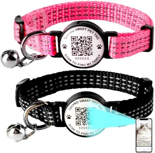 Smart QR Code Pet ID Personalized Tag Cat Collar, Reflective Nylon with Bell, Secure Breakaway, Comfortable, Durable - Suitable for Kittens-Rose&Black-S