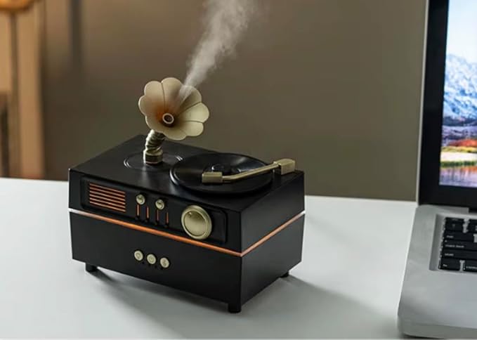 5 in 1 Diffuser Humidifier 200 ml, Bluetooth Speaker, 6 LED Light, Timer, Gramaphone & Vinyl Rotation Retro Design. Electric Powered, Remote Control, Rotation Mist Spray Aromatherapy