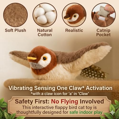 Upgraded 2.0 Flappy Bird Cat Toy – Interactive Flapping & Chirping Bird Toy for Cats (No Flying), Indoor Cat Toy for Exercise & Play, Durable Chew Toy, Catnip Toy for Kitten or Small Dogs (Large 9x3")