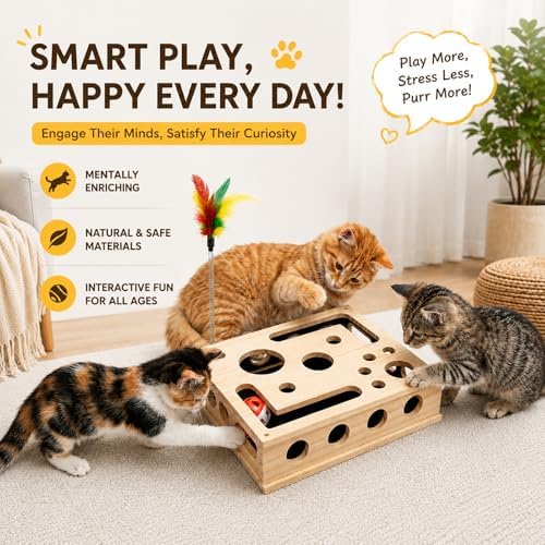 3-in-1 Cat Amazing Puzzle Box, Interactive Foraging Hunt & Cat Nail File Device with 1 Feather Wand & 3 Bell Balls, Wooden Enrichment System for Indoor Cats to Scratch, Play & Exercise