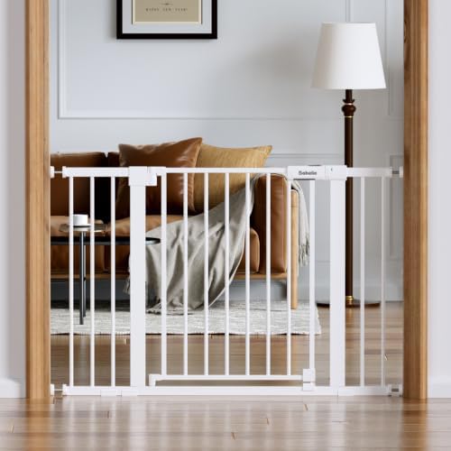 Babelio 31-46" Baby Gate for Stairs, PressGuard Pet Gate with Wide Door | Pressure/Wall Mount, Dual Lock with Indicator, Auto Close, Heavy Duty, Easy Install for Doorways, Kitchens, Hallway, White
