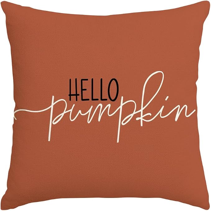 RABUSOFA Fall Pillow Covers 18x18 Inch,Rust Autumn Hello Pumpkin Pillows Decorative Throw Pillows,Outdoor Thanksgiving Cushion Cover Farmhosue Fall Decor for Bedroom Couch Sofa Rust