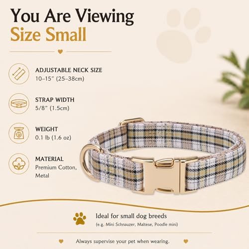 Soft Cotton Dog Collar Classic Plaid Pet Collars with Metal Clasp for Small Dogs with Sensitive Skin, Creamy Countryside