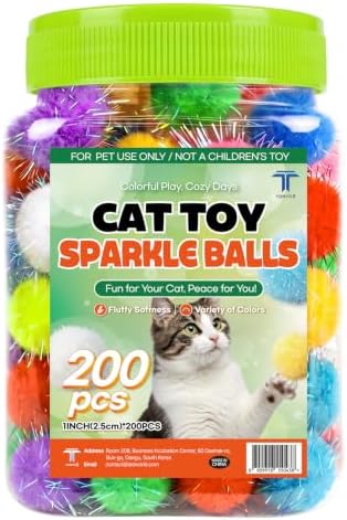 T TORTO9 200Pcs Sparkle Tinsel Cat Toy Balls in Jar - 1" Colorful Pom Poms
