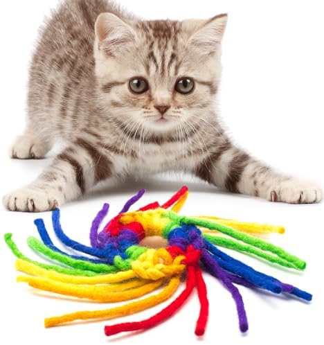 Glaciart One Wool Spider Cat Toy w/Catnip - Soft Fuzzy Enrichment 100% Natural Wool, Interactive Play Cat Toy Set - Safe for Pets, Non-AZO Colored Dyes