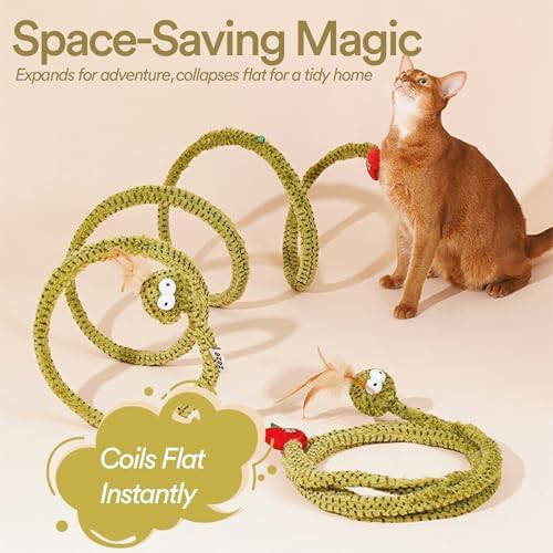 ZEZE Forest Snake Spiral Cat Tunnel Toy with Catnip, Bell & Hanging Teasers, Foldable Interactive Plush Tunnel for Indoor Cats