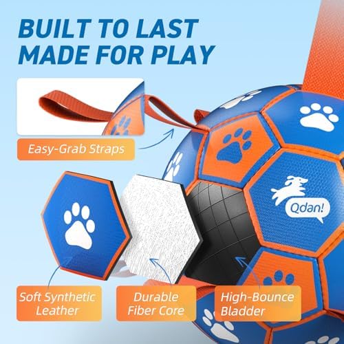 QDAN Dog Ropes Toys, Soccer Ball with Straps, Tug Toy, Dog Birthday Gift