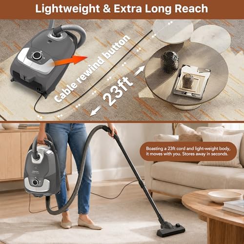 Akitas C11 Bagged Canister Vacuum Cleaner, Light Weight HEPA Filtration, 33ft Cleaning Radius with Retractable Cord, Ideal for Hard Floors & Low-Pile Carpet Extra Floor Brush