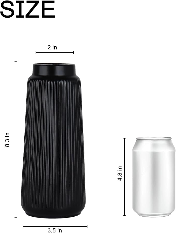 Black Ceramic Vase, 8 Inch Conical Flower Vase with Narrow Mouth for Pampas Grass, Modern Tapered Decorative Vase for Home Decor, Living Room Table, Shelf