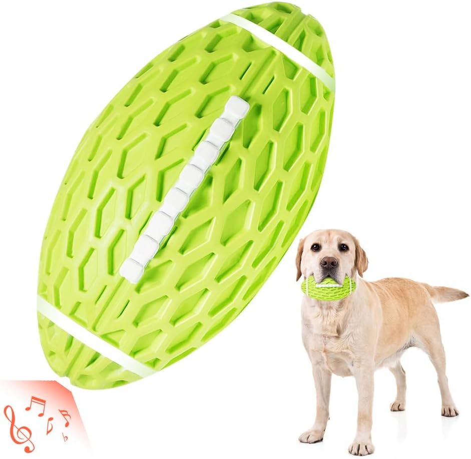 AUSCAT Squeaky Dog Football Toy, Dog Chew Toy, Tough Rubber Dog Ball for Medium Large Dogs, Green, Large, 5.5"