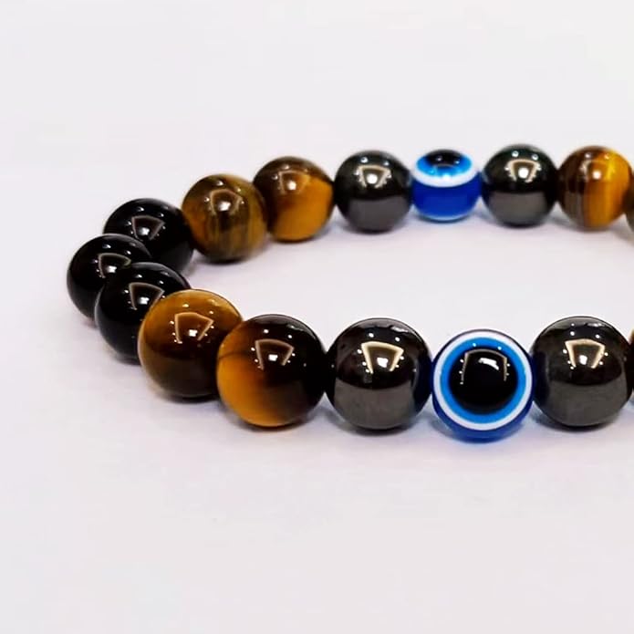 Evil Eye with Hematite Black Obsidian Tiger Eye Stone Triple Protection Bracelets for Men Women, Crystal Healing Stone Bracelet Bring Luck Prosperity and Happiness Jewelry