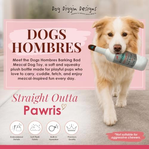 Dog Diggin Designs Dogs Hombres Barking Bad Mezcal Plush Dog Toy | Luxury-Inspired Parody Drink Bottle Dog Toy with Squeaker, Soft Plush Novelty Dog Toy – Shaken, Not Stirred!