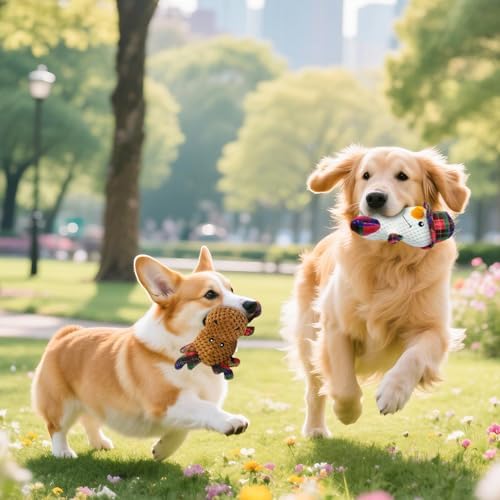 Dog Toys Squeaky Interactive Stuffed PP Cotton Puppy Teething 2-Pack Chew Toy Deer Shape Crinkle Sound Paper Tail, for Large Medium Small Breeds Indoor Outdoor Play