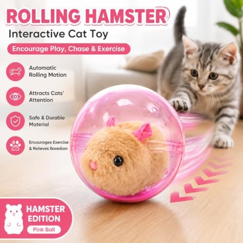 Electric Hamster Ball Cat Toy – Automatic Rolling Animal Pet Rolling Ball, Interactive Hamster Ball Cat Toy for Indoor Cats Exercise and Chase Play (Hamster(Pink))