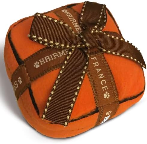 Dog Diggin Designs Hairmes Box Plush Dog Toy – Fashion Inspired Squeaky Parody Dog Toy, Soft Luxury Style Gift Box Toy for Small to Medium Dogs, Cute Interactive Pet Toy