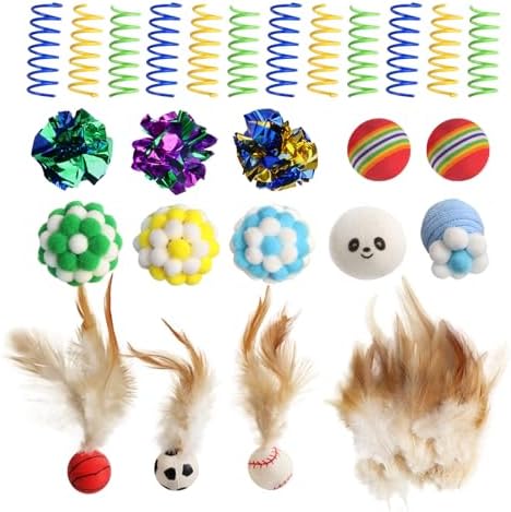 Cat Toys for Indoor Cats, a Set of 25 Interactive cat Toys, Including Colorful Springs, Squeaky Balls, Rainbow Balls, Feather Bouncy Balls, Bell Balls, and Many Other Kitten Toys.