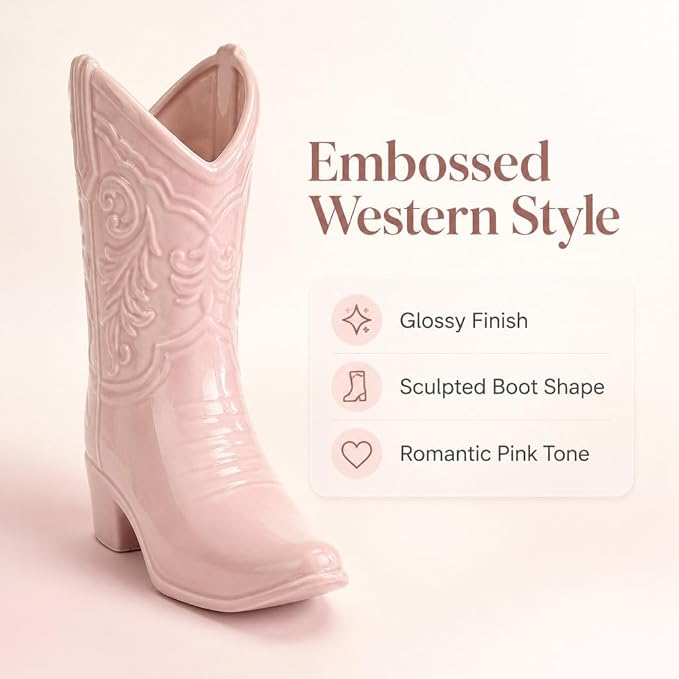 9.13 Inch Pink Ceramic Cowgirl Boot Vase, Unique Western Style Cowboy Boot Vase for Modern Country Home Decor, Wedding Table Centerpiece, Living Room, Bedroom, Office, Gift for Women