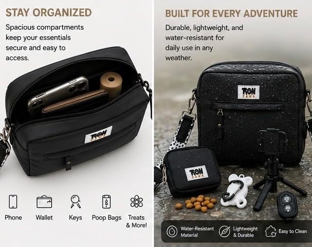 Hands-Free Dog Walking Crossbody for Training, Treat Pouch, Built-in Poop Bag Dispenser, Used Bag Hook & Bonus Tripod (Black)