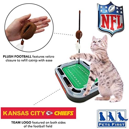 Pets First Cat Plush Toy KANSAS CITY CHIEFS FOOTBALL FIELD CAT SCRATCHER TOY with CATNIP Filled Plush FOOTBALL Toy & Feather Cat Toy hanging, Jingle Bell INTERACTIVE BALL Cat Chasing 5-in-1 KITTY Toy