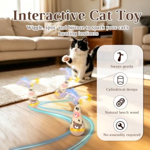 Wooden Interactive Cat Toy, Natural Beechwood Self‑Righting Weeble Toy