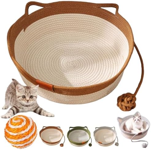 Handwoven Cat Basket with Hanging Ball Toy, Scratchable Cat Lounger Basket for Sleeping, Playing and Relaxing, Cotton Rope Cat Bed Basket with Cat Ear Handles (Brown,S)