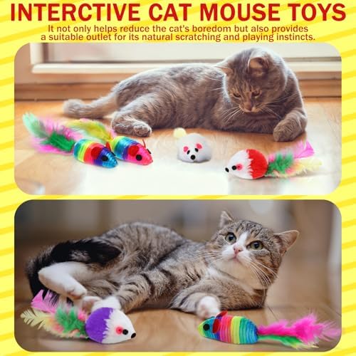 100 Pcs Furry Cat Toys Mice Bulk Rattle Sound Rainbow Mouse with Fuzzy Toys for Indoor Kitten Small Mouse Interactive Catch Play Assorted Color