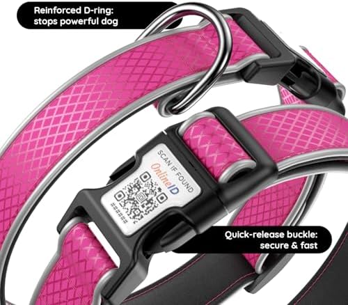 Reflective Dog Collar with QR Code Tag, Rose Red, M,(12.6"-19.6")