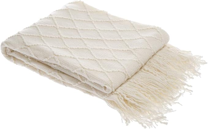 BATTILO HOME Large Cream Throw Blanket with Fringe, End of Bed Throw Blankets White,Spring Throw Blanket for Couch Sofa Indoor Outdoor, 52"x80"