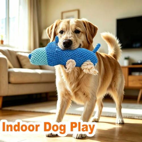 Blue Hippo Plush Chew Dog Toy, 11.8 in, Squeaker and Rope