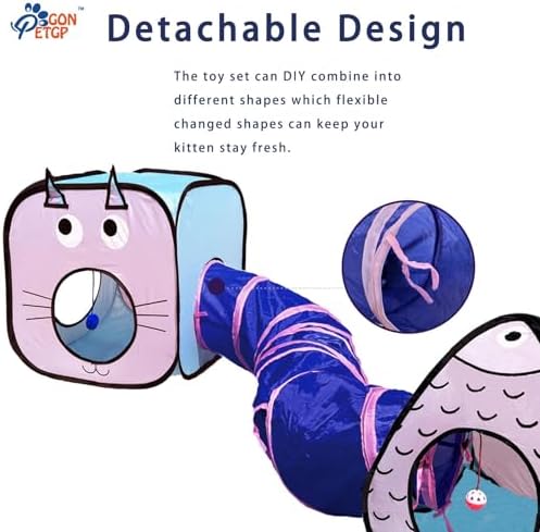 GONPETGP Cat Tunnel for Indoor Cats with Cube Tent Toys Combo, Crinkle Paper Collapsible Interactive Pet Cat Tubes with Play Ball and Bell for Puppy, Kitty, Kitten, Rabbit (3 in 1 Set)